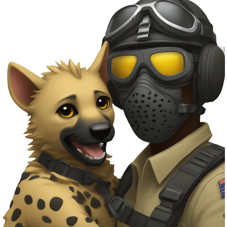 Yellow army Pilot with black mask googles, and then a big hyena hugging him emoji