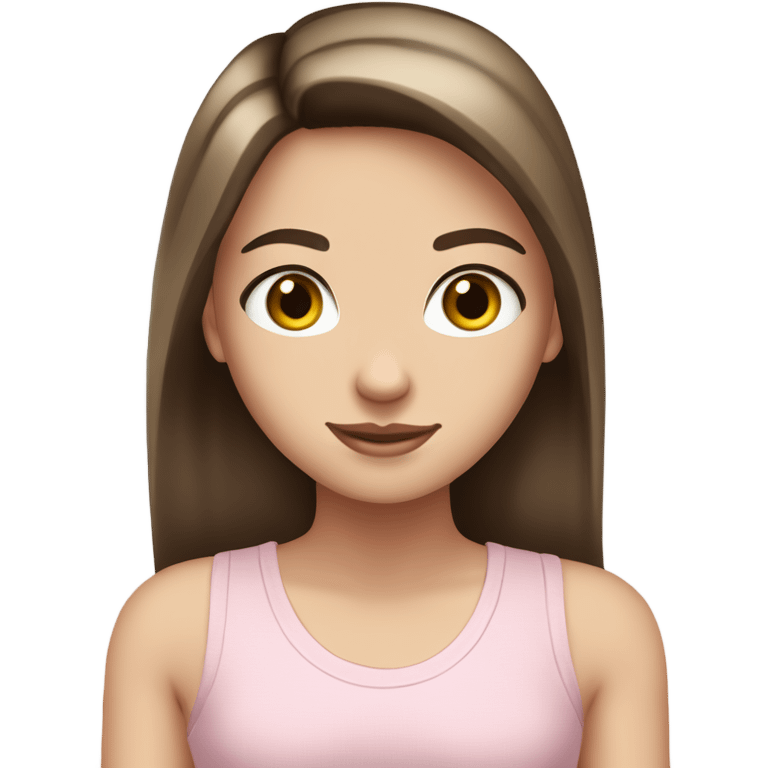 a pretty white girl with a long straight brown hair and blue eyes wearing a light pink tank top. She has long eyelashes and a middle part in her hair. emoji