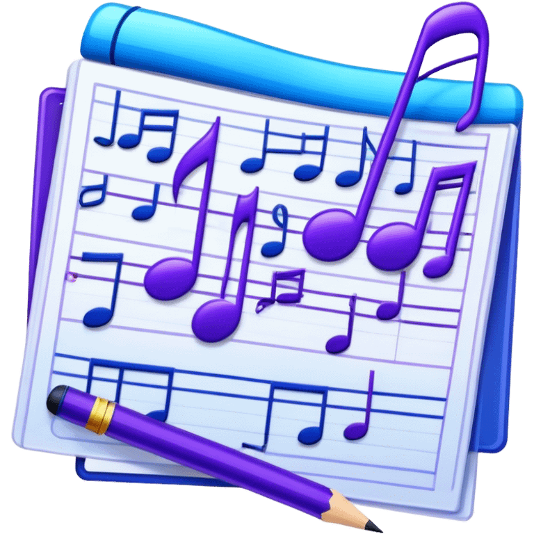 Emoji that represents music track writing. The design should feature a music composition sheet with musical notes and lyrics, a digital audio workstation (DAW) interface or soundwaves, and a pencil or pen to symbolize the writing process. Add a touch of technology with subtle elements like sound mixing sliders or waveform graphics. Use a blend of vibrant and inspiring colors, such as electric blue or neon purple, to evoke a sense of creativity and innovation. The background should be transparent. emoji