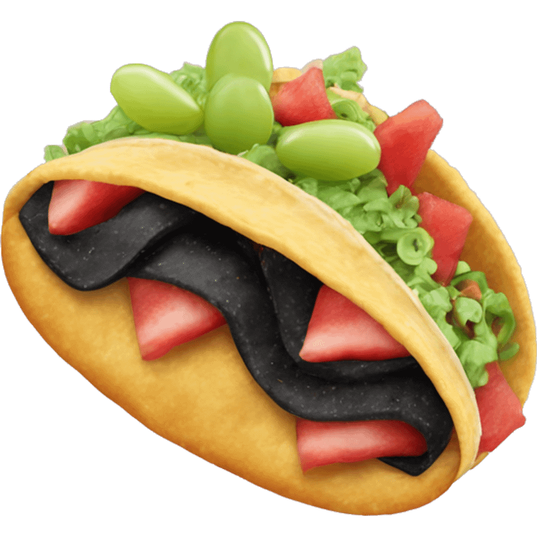 a taco, stuff it with a fish and a slice of watermelon. Sprinkle it with donut crumbs and wrap it in crispy bacon. For garnish, add some grapes and a pinch of squid ink. emoji