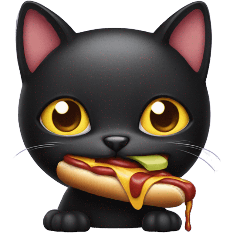 Black cat eating a hotdog emoji