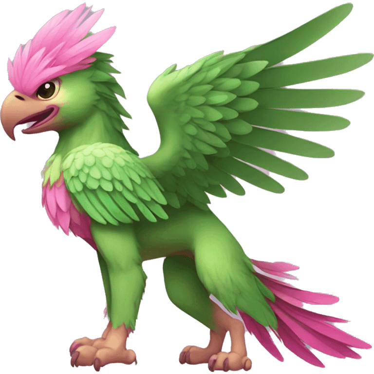 Full-body green gryphon with pink wings and pink tail-feathers emoji