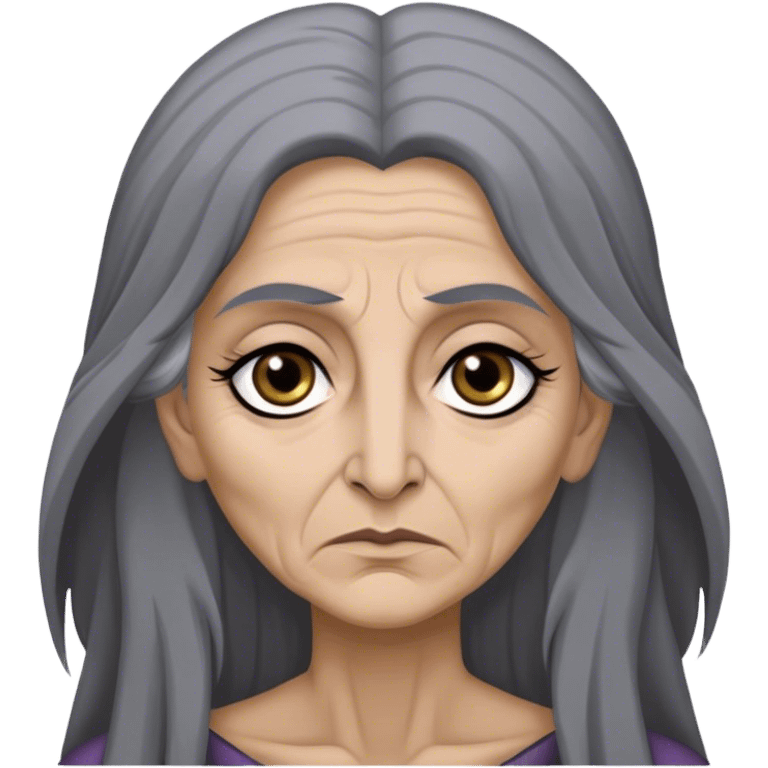 Mirri Maz Duur is a weathered, age 50 Lhazareen woman with deep-set dark eyes, high cheekbones, and a sharp nose, giving her a stern, knowing expression. Her long, unkempt dark hair streaked with gray falls loosely over her shoulders emoji