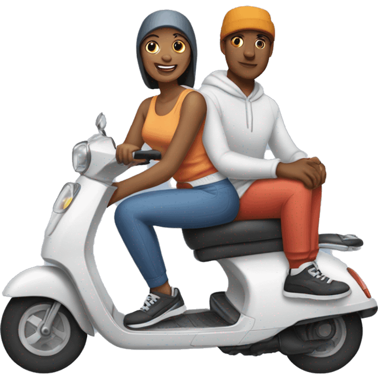 man and woman sitting on a scooter wearing   sweatpants and caps emoji