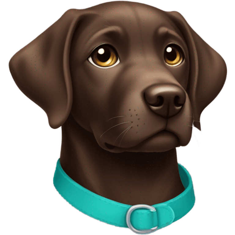 Chocolate labrador cute puppy with small white patch of fur on chest and teal collar emoji