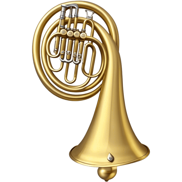 Create an elegant and refined emoji representing the Arnolds & Sons AHR-563-TERRA horn. The design should feature the intricate, shiny brass body of the horn with its signature wide bell and beautifully coiled tubing. The horn should be highly polished with subtle accents that reflect its craftsmanship. Use golden brass tones and light reflections to highlight the luxury and sophistication of the instrument. Add delicate musical notes to evoke its melodic sound. The background should be transparent. emoji