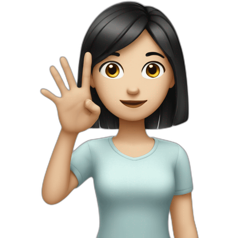 Small white skin black haired girl showing three fingers emoji