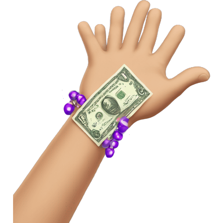 hand with purple bead bracelet holding money emoji