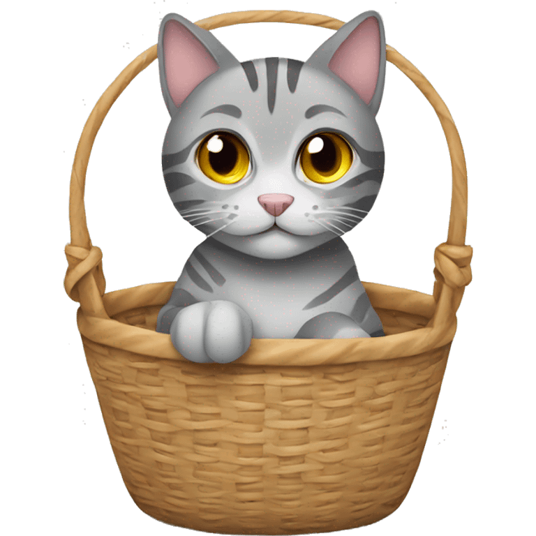 Gray tabby cat sitting in a basket emoji