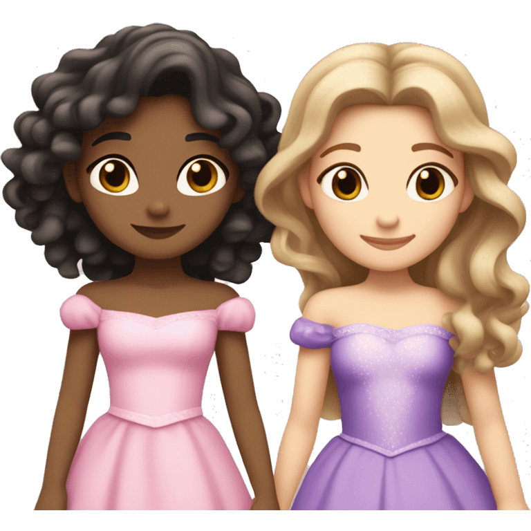 two princesses hugging, one with light brown hair that’s long and straight and light skin and the other with black curly wavy hair with olive skin one in pink and the other princess in pink and purple emoji