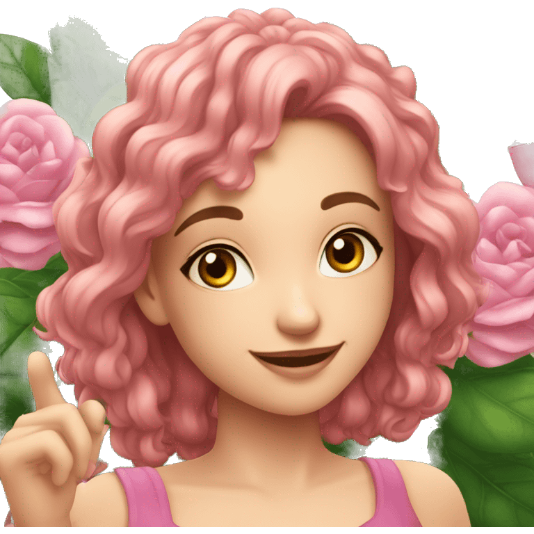 Uma flor rosa em um jardim com pinheiros  emoji