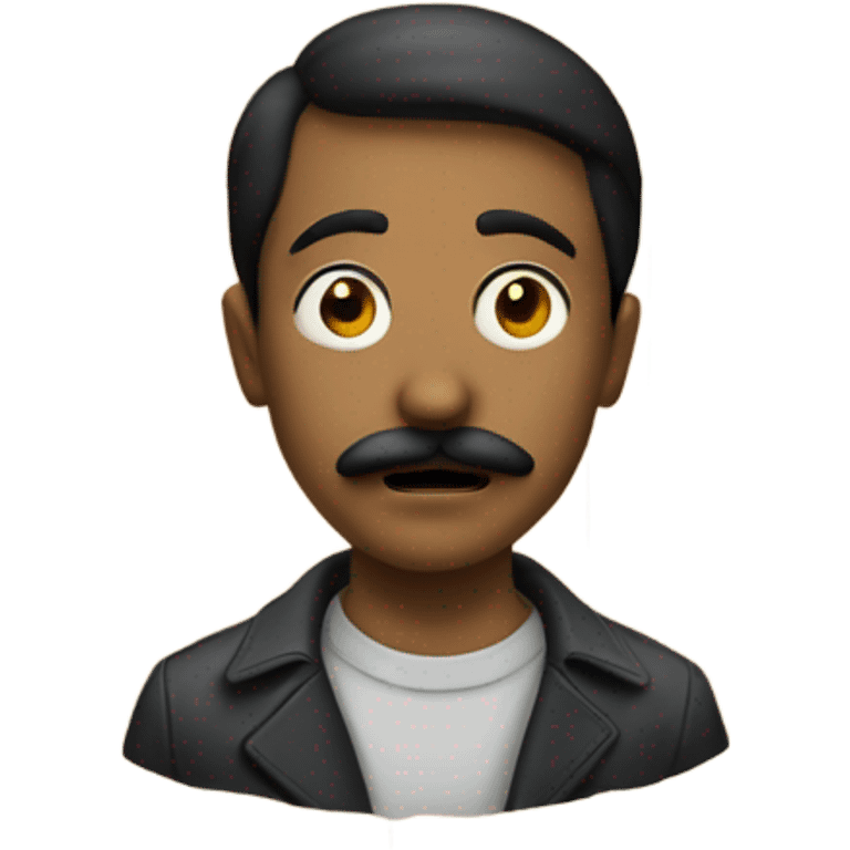 young man with mustache on street being haunted by a wooden mask emoji