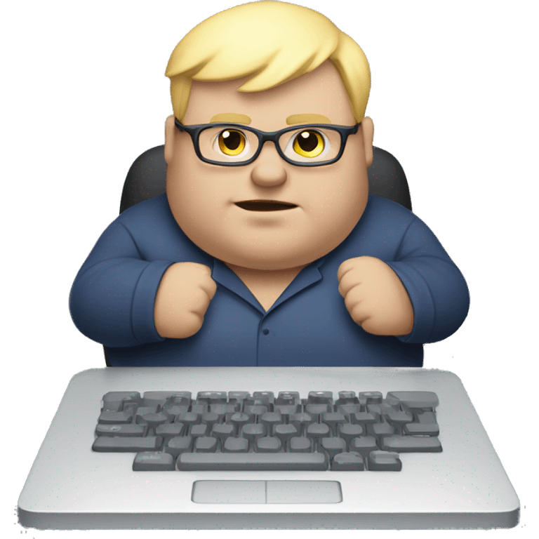 A fat guy with no shirt on with blonde hair and glasses typing on a keyboard  emoji