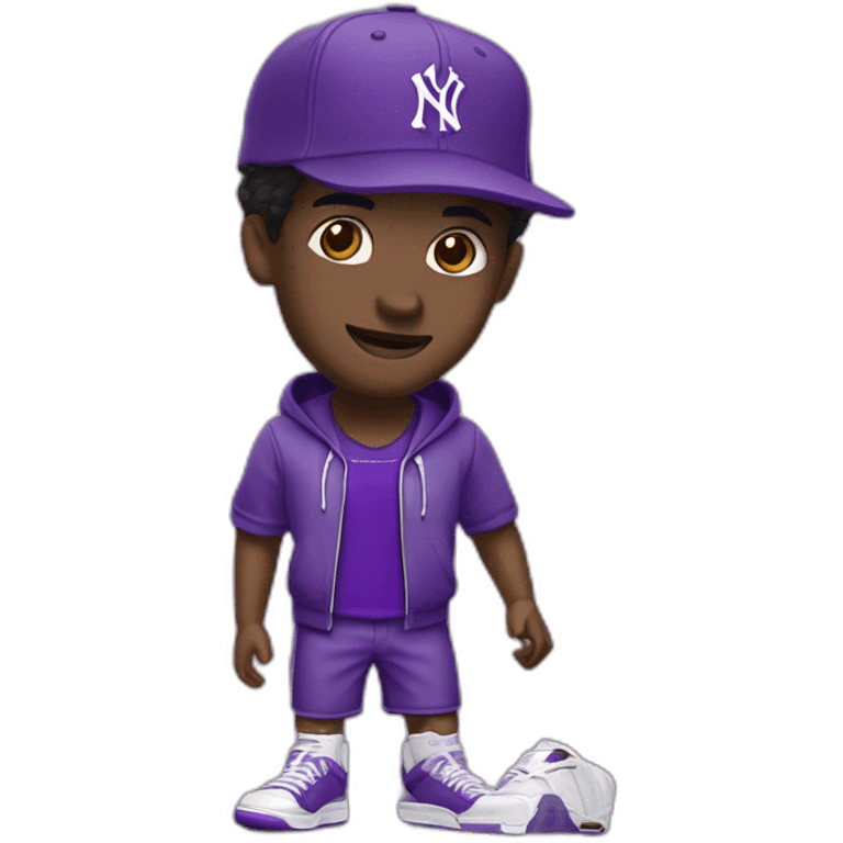 Young, dark-skinned guy in violet attire, wearing a violet NY cap and rocking violet Jordan Retro 4. 🟣🧢👟 emoji