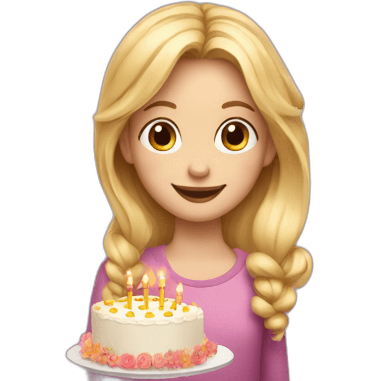 A blonde girl with flowers celebrating with her family a 10th birthday with a cake emoji