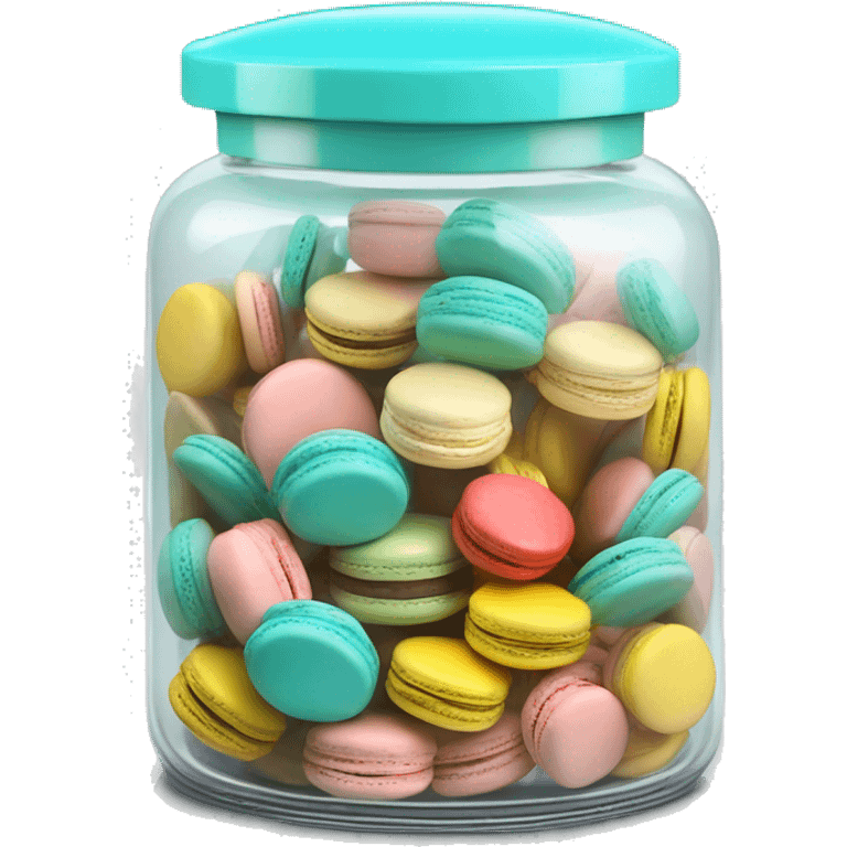 Realistic isolated glass cookie jar with tiffany blue lid and filled with colorful macarons inside of it. emoji