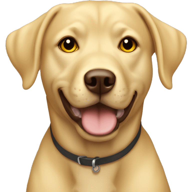 Lab pit mix with golden yellow color, two front teeth slightly visible, brown eyes and sitting emoji