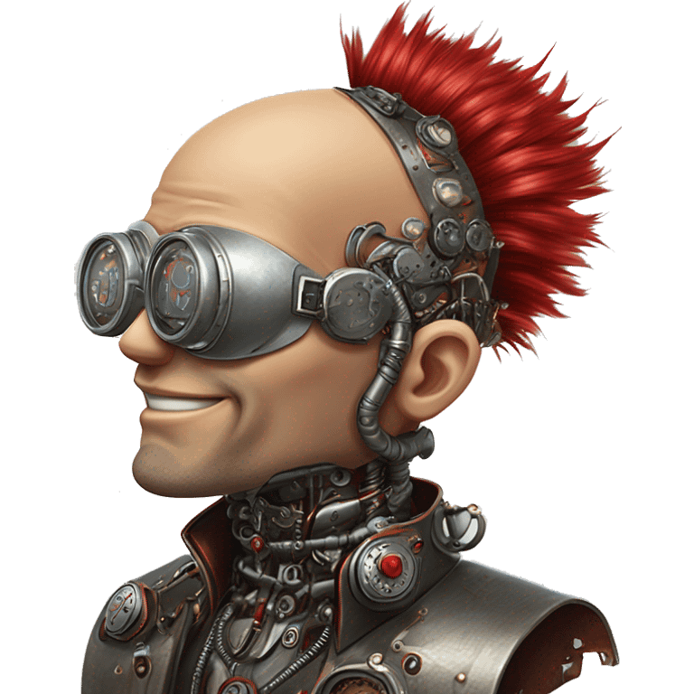 Bald cyborg head with red Mohawk, red beard. silver steampunk monocle goggles a smile and circuits emoji