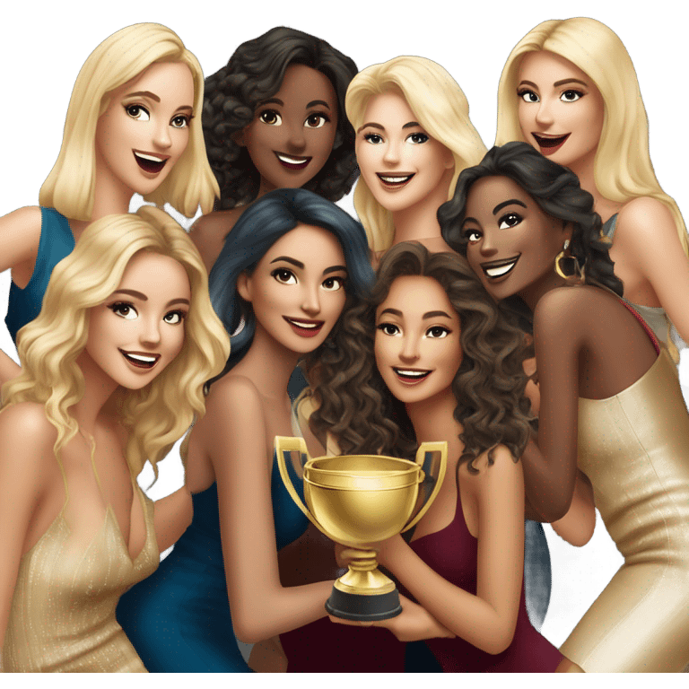 6 beautiful and stylish blonde and Latina models celebrating with 1 huge gold trophy emoji