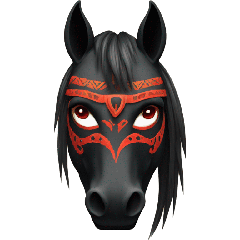 Black mask of a smiling horse with red eyes in front with a tribal style emoji