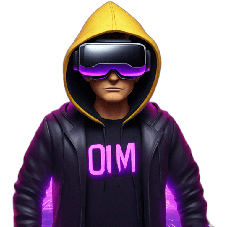 Donald Trump wearing a black hoodie with "OMG" letters on it and VR headset in a cyberpunk VR environment with violet neon lighting. emoji