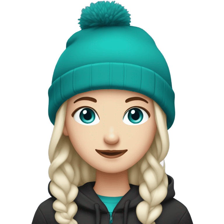 White girl, black hoodie, teal hair, purple beanie hat, blue eyes emoji