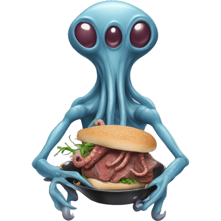 A alien who has octopus's legs is eating steak emoji