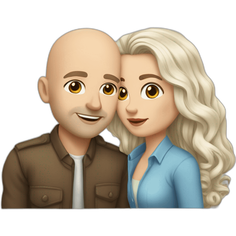 caucasian bald man with grey eyes and a caucasian woman with long curly dark hair and brown eyes kissing emoji