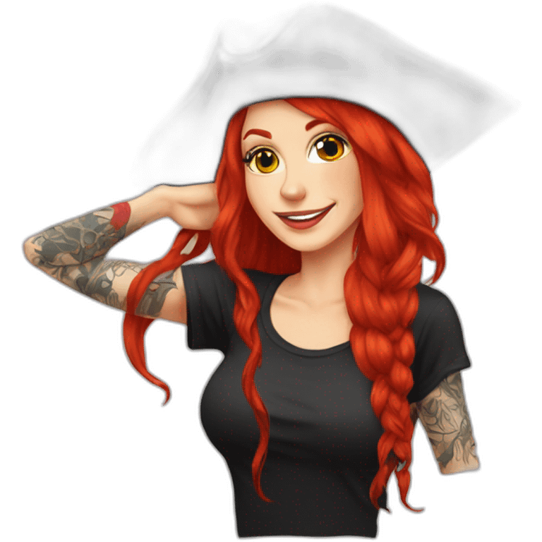 Woman long red hair hanging to one side in a platt, tattoo on side of head.  pirate hat. skull and crossbones t shirt emoji