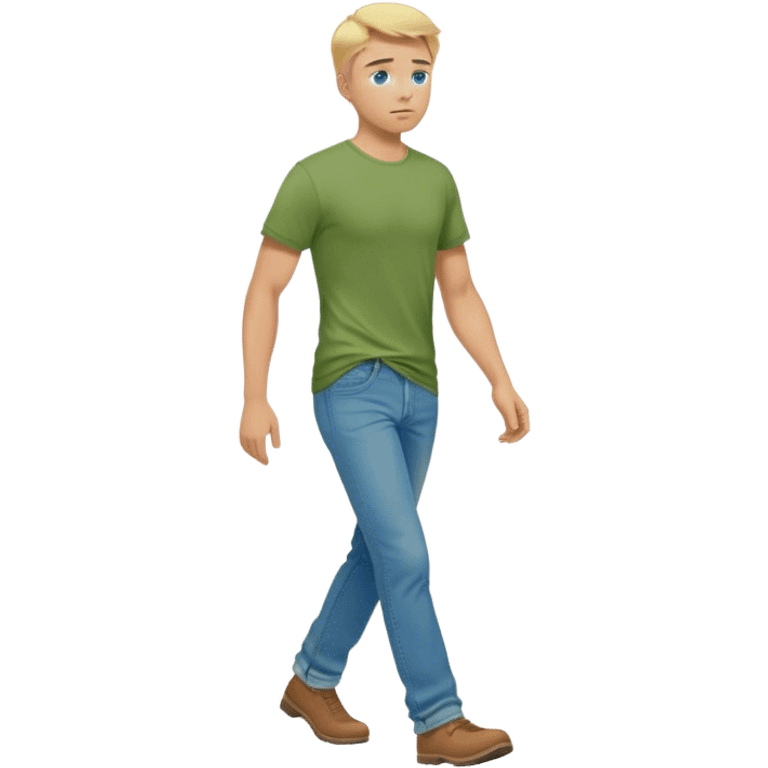 A cinematic realistic blond man with blue eyes, dressed in wide jeans and a green T-shirt, is walking emoji