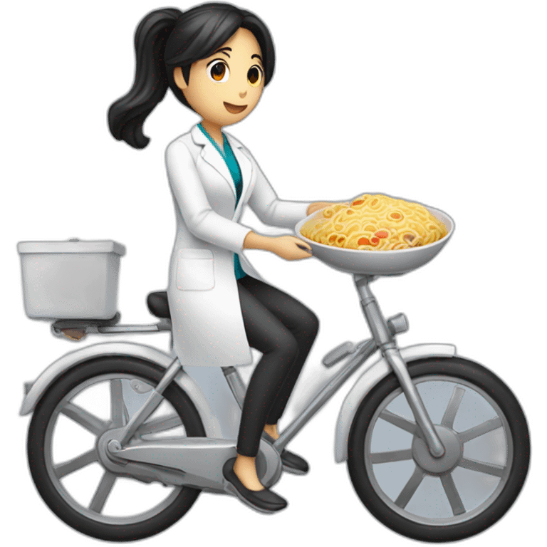 long and dark hair female doctor with a ramen bowl in her hand and riding a chrome bicycle emoji