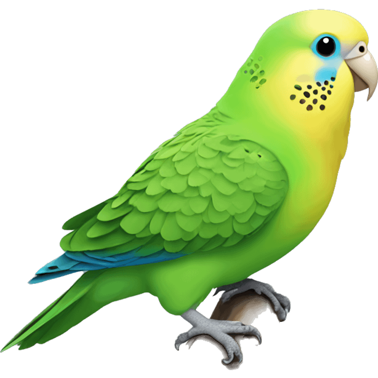 a fat green budgie with a yellow head and blue nose emoji