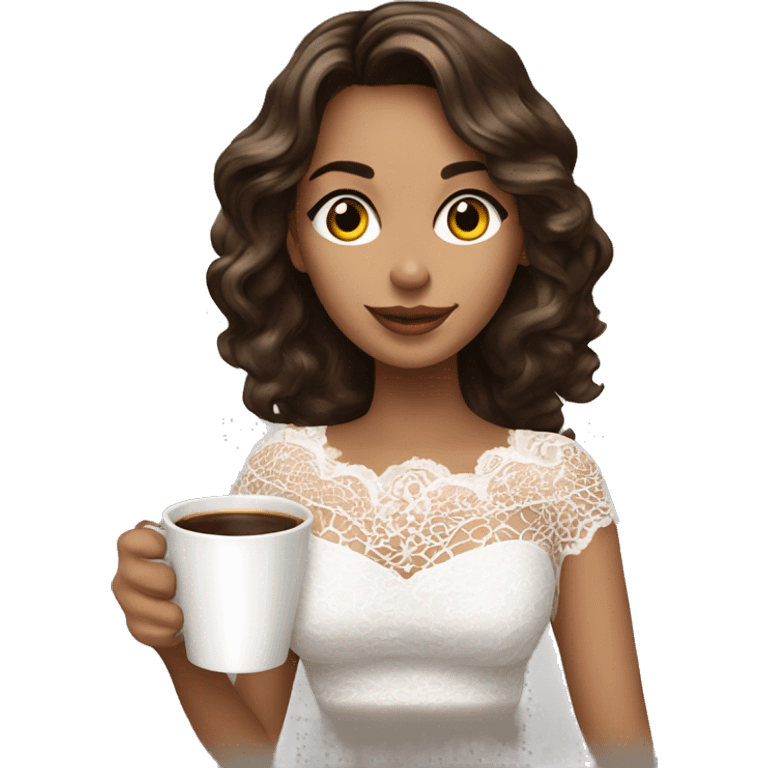 Beautiful brunette with highlights sipping coffee in a white lace top emoji