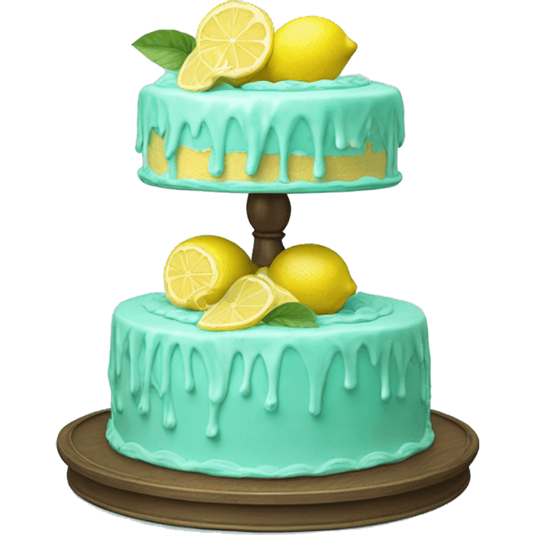 Isolated realistic layered lemon cake on tiffany blue cake stand. emoji