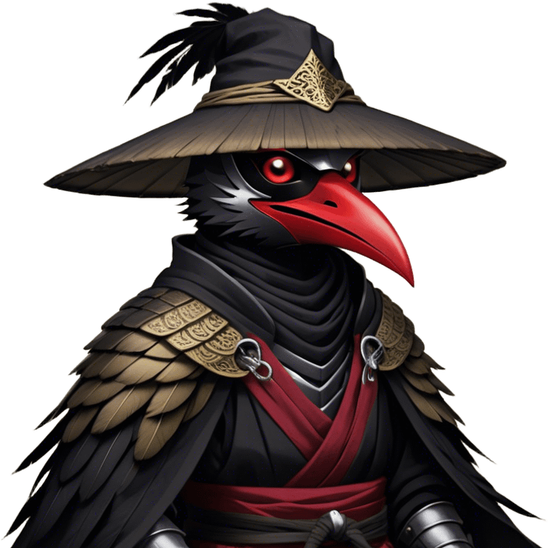 A fierce Kenku samurai with sleek black feathers, piercing crimson eyes glowing under the shadow of his straw hat. His sharp beak is partially covered by a black cloth mask, adding to his air of mystery. He wears layered black and crimson armor, intricate silver engravings etched into the metal plates. A long, tattered cloak billows behind him, worn from countless battles. His clawed hands grip the hilt of a curved katana, its polished blade reflecting the moonlight. Wisps of mist swirl around his taloned feet as he stands motionless emoji