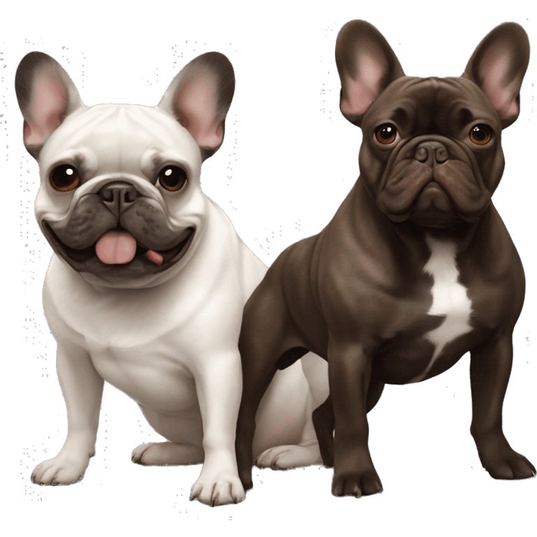 dark gray french bulldog happy alongside a dark brown brown brindle French bulldog, best friends emoji