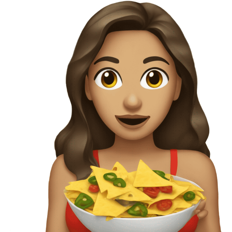 Brunette girl covered in nachos and cheese and jalapeno slices emoji