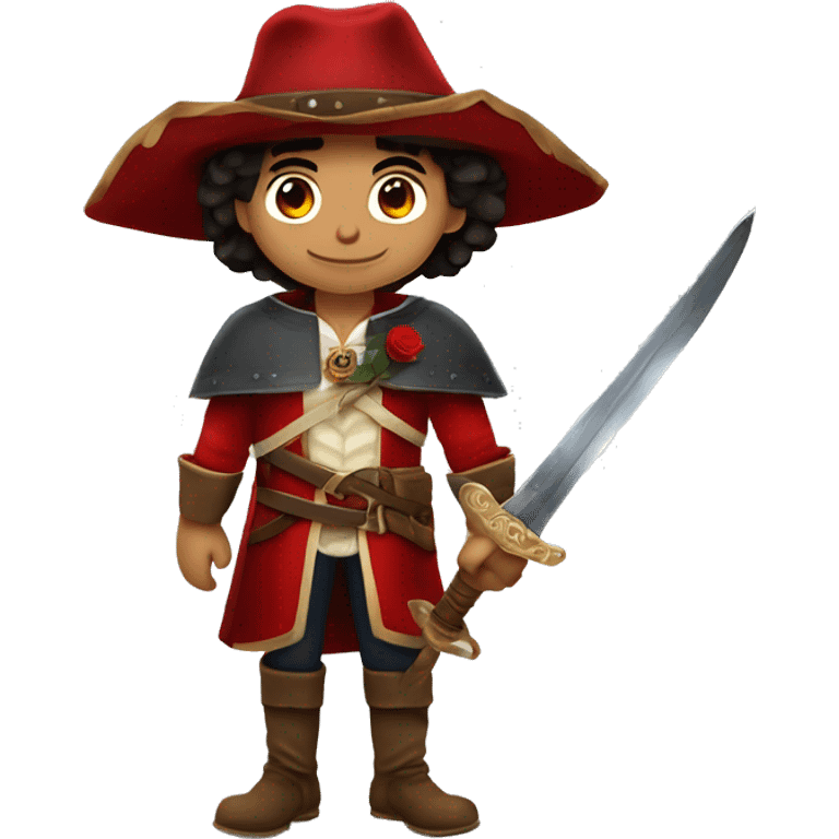 canela skin boy dark hair musketeer with hat and red rose shoulder medieval cape and sword and red feathers in the hat emoji