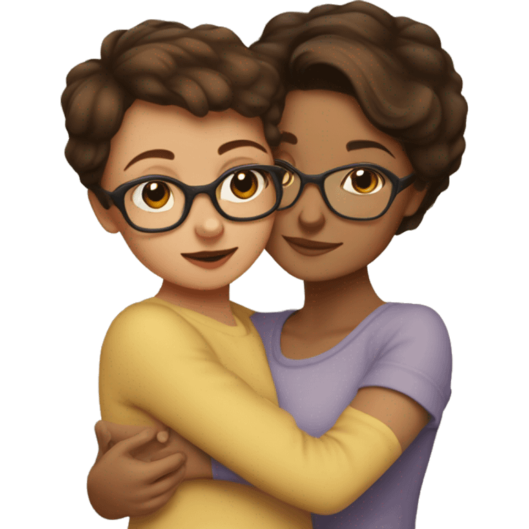 brunette short haired mom with tortoiseshell glasses hugging tan brown haired baby emoji