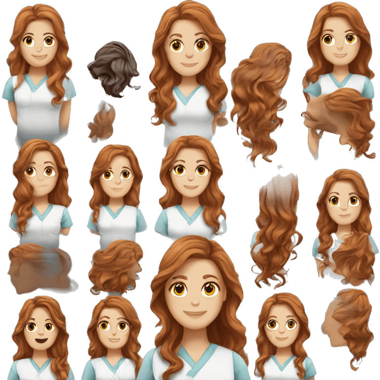 white girl. long wavy auburn hair. Scrubs.  emoji