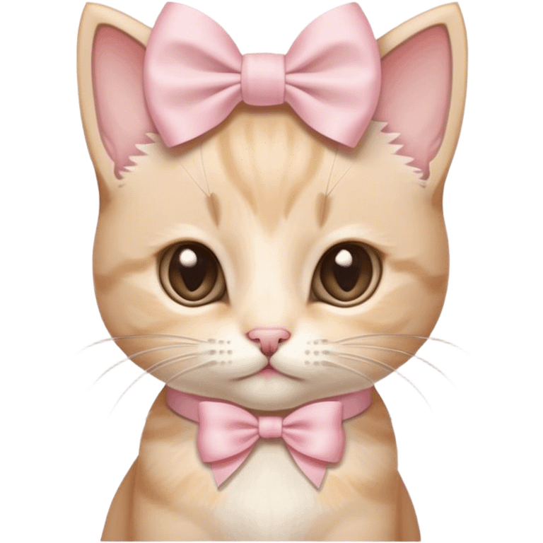 a very small beige kitten with a slightly white muzzle and a large light pink bow on its head, a purebred kitten with a large head emoji