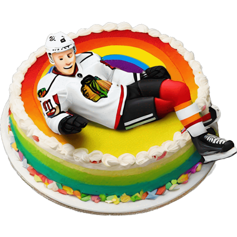 Jonathan Toews laying on a rainbow cake emoji