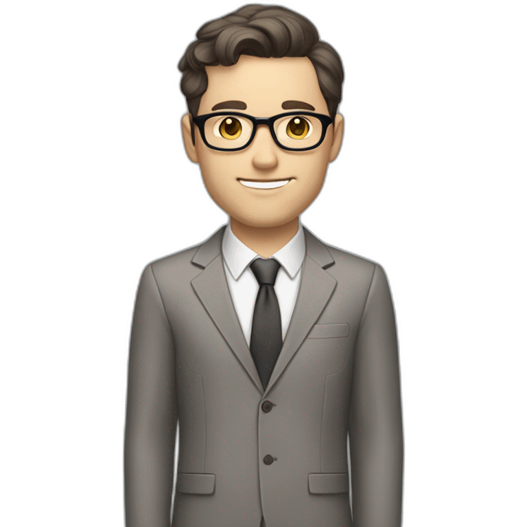 Full height Pale skinned Fit Man With dark brown hair in classic gray suit, beige office shirt, dark gray tie, and vintage glasses. His hands lock emoji