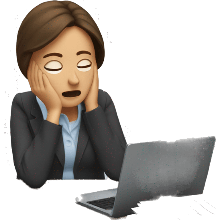 Stressed woman teacher with brown hair crying at her desk with lots of paperwork  emoji