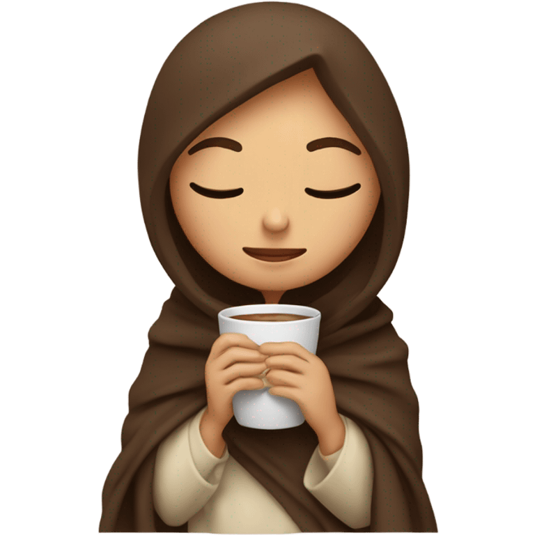 Brunette girl inside a blanket sipping coffee eyes closed emoji