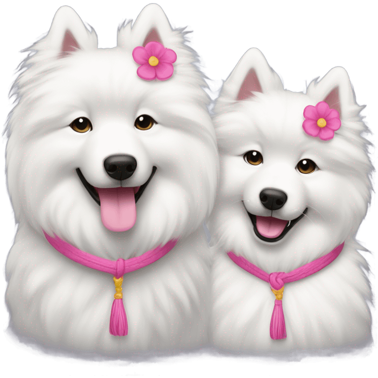 Two samoyeds with one a pink knot and the other a flower on the ear emoji