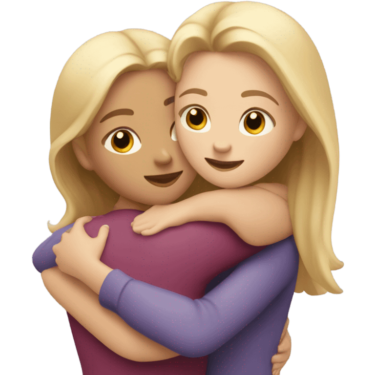 A blonde sister and a brunette sister together hugging emoji