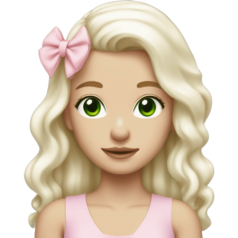 pale blonde girl with long platinum white wavy hair with bright green eyes and wearing a light pink hair bow emoji