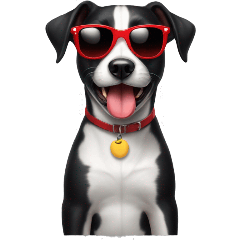 Black short hair female dog with sunglasses and red lips  smiling with the tongue outside de mouth . The dog has a partial white chest emoji