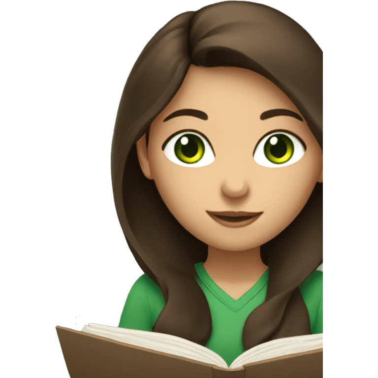 Brunette girl with green eyes studying emoji